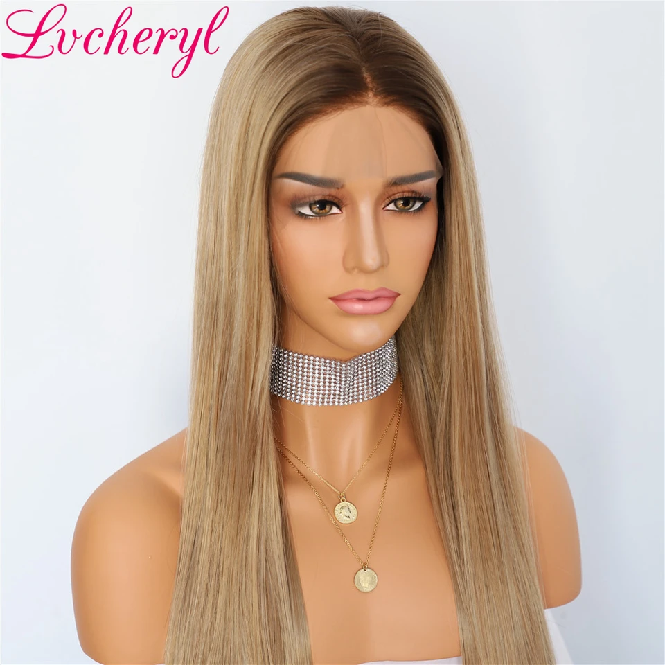 Natural Long Silky Straight Dark Roots Ombre Ash Blonde Heat Resistant Glueless Synthetic Lace Front Wigs For Women Daily Wear