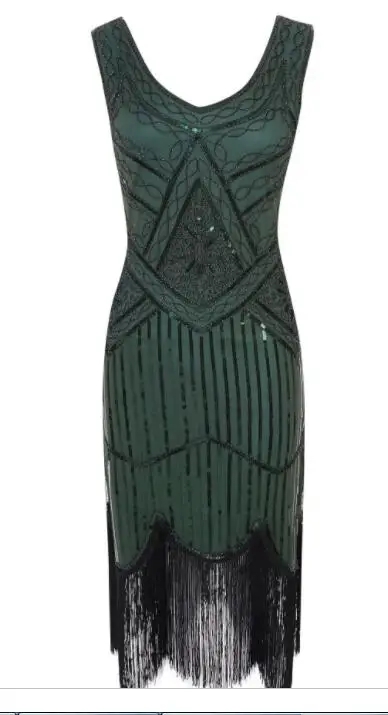 Xs-2xlWomen вечерние платья, женское платье 1920s Great Gatsby, платье миди с блестками и бахромой, летнее черное платье в стиле ретро - Цвет: 083green