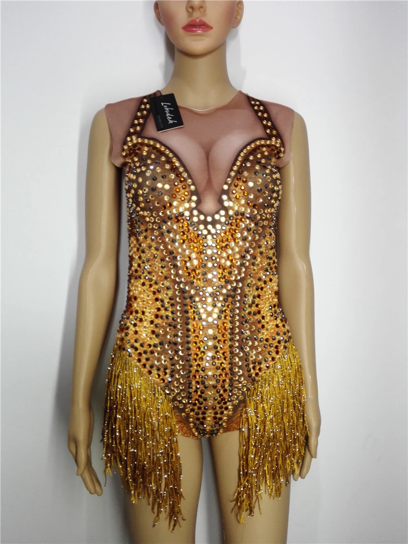 Sexy Gold Tassels Crystals Sleeveless Bodysuit Rhinestones Catsuits Nightclub Bar Women DJ Singer Dance Teams Jazz Stage Costume crotchless bodysuit