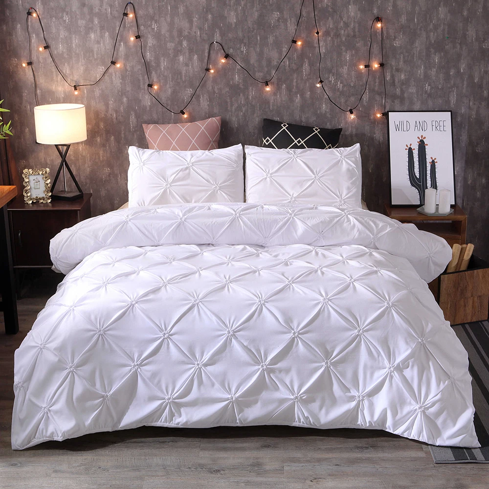 

White Gold Elastic pinch pleated duvet cover set new trendy queen and king 3pcs quilt cover with zipper closure bedding sets