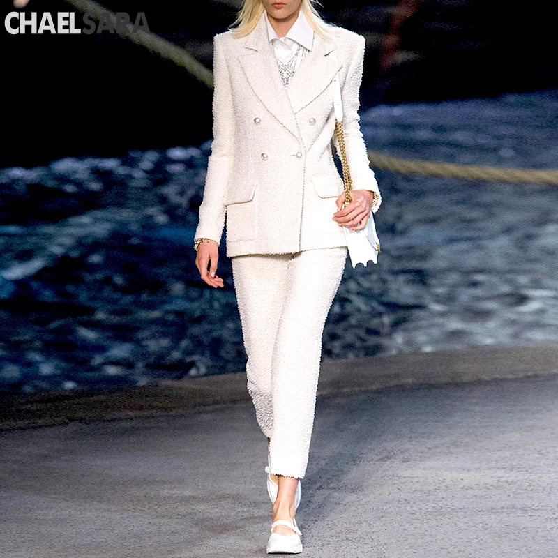 

White Tweed Jacket Office Ladies 2019 New Elegant Double Breasted Frayed Trim Beading Button Jackets Female Casual Outerwear