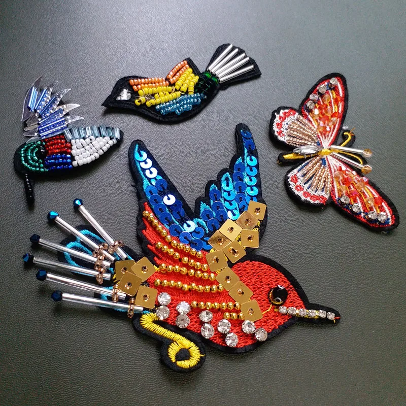 

1pc birds butterfly patches 3D Handmade rhinestone beaded Patch for clothing DIY sew on parches Embroidery applique animals