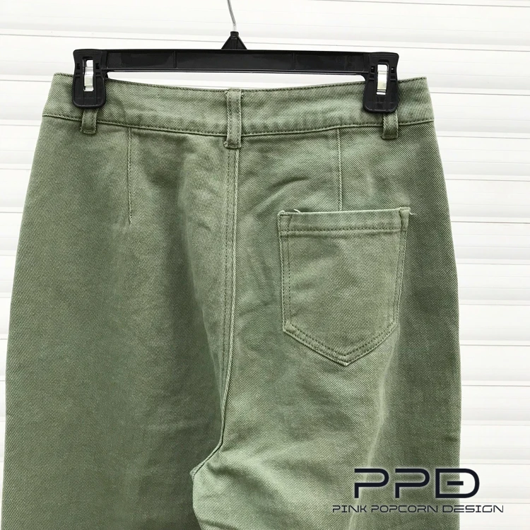 Уличный стиль Высокая талия вымытая Высокая талия Саржевые армейские зеленые джинсовые брюки