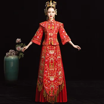 

Chinese Traditional Dress Red Wedding Qipao Cheongsam Satin Vintage Oriental Dresses Long Evening Gowns Women Robe Chinoise