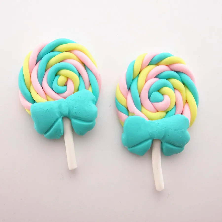 10pcs/lot 28*42MM Kawaii Soft Clay Rainbow Lollipop Cabochons Handmade Resin Material DIY Hair Bow Decorative