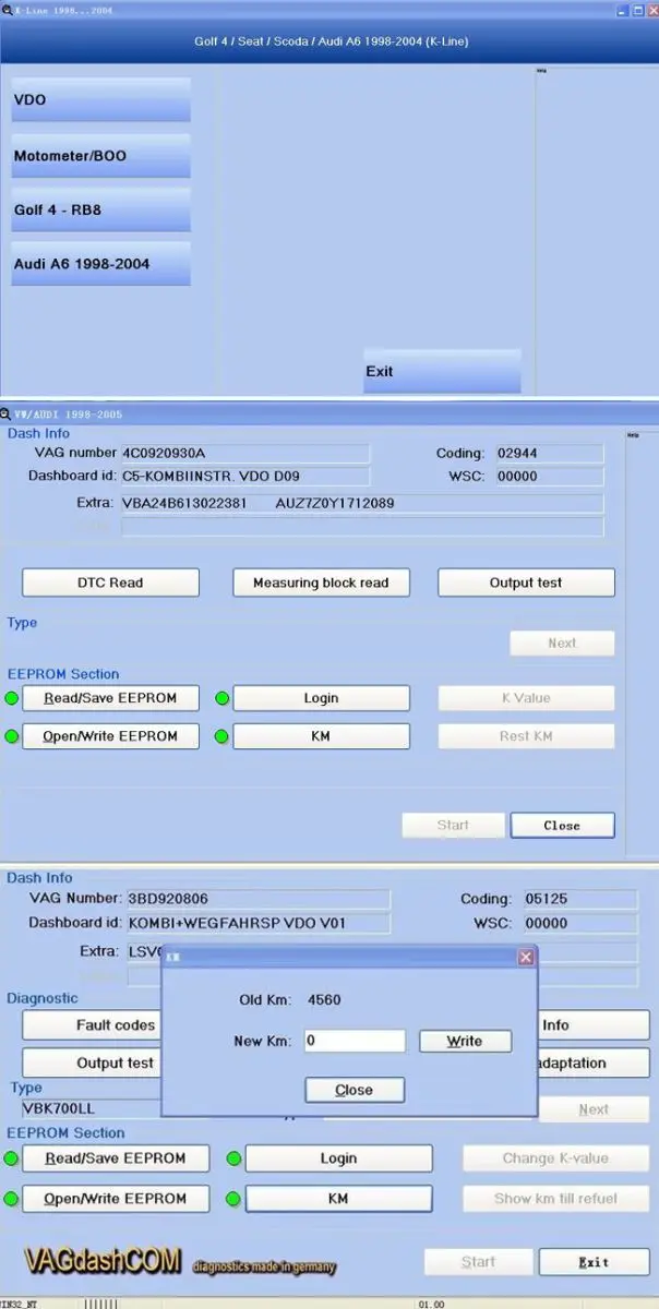 VAG DASH может 5,29 считывать Логин SKC Recalibrate или исправлять одометр