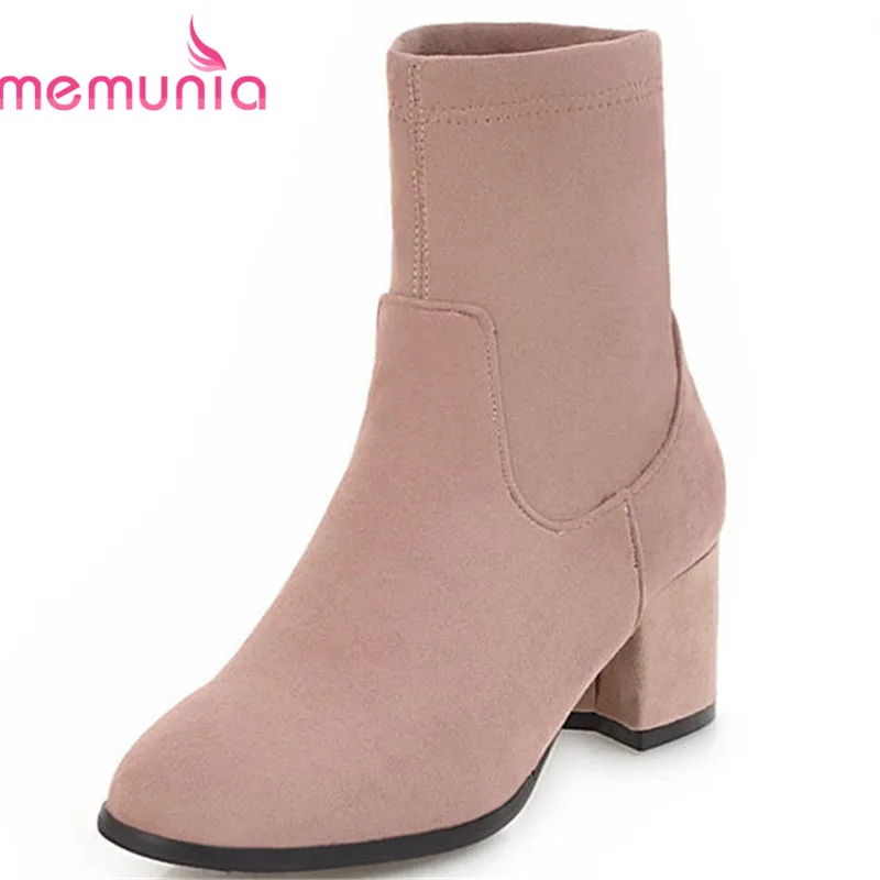 

MEMUNIA 2018 new arrival flock short plush autumn winter ankle bootd for women slip on sock boots high heels boots female shoes