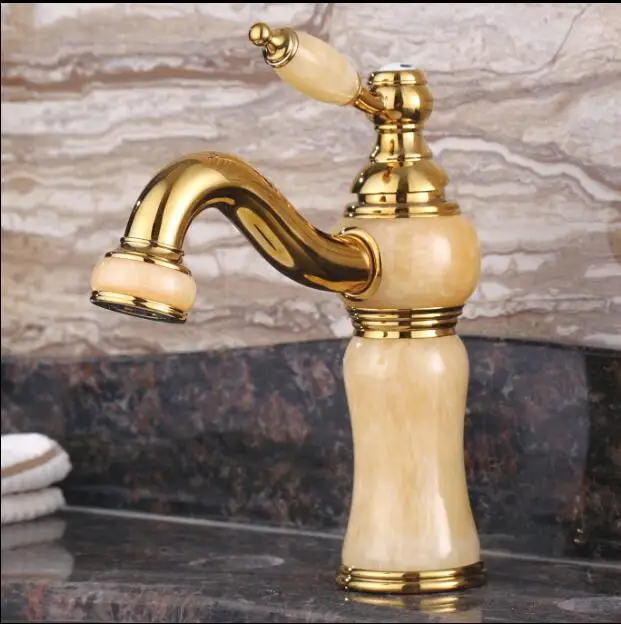 Euro Gold plating Luxury Bathroom Basin Faucet Single Handle Vanity Sink Mixer water Tap Brass and Jade Basin Sink Faucet