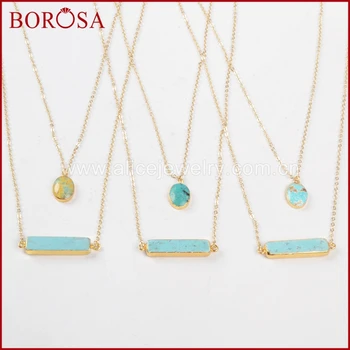 

BOROSA Gold Color Rectangle Howlite Stone &Oval Natural 100% Blue Stone Pendant Druzy Necklace for Women Jewelry G1014