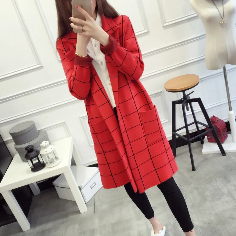 2018 New Autumn Winter High Quality Long Cardigan Women Sweater Long Sleeve Knitted Plaid Cardigans Female Tricot Tops