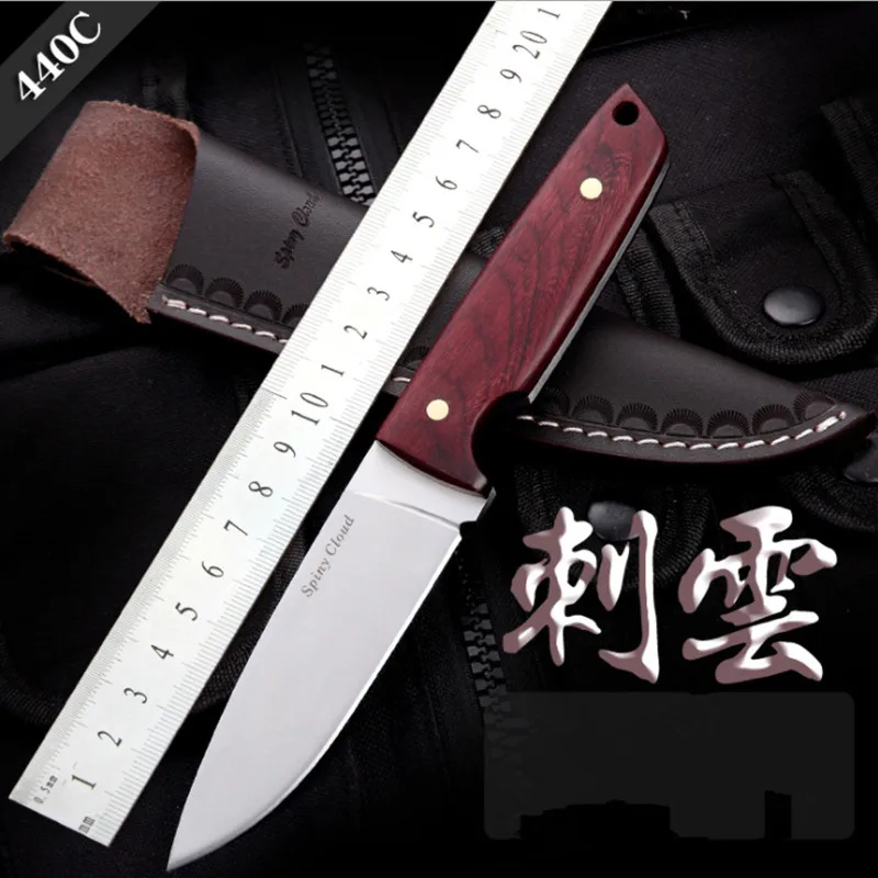 

440C Steel Outdoor Sharpened Fixed Blade Knife Ebony Pattern Nail Handle Small Straight Knives Tactical Hunting Camping Knife