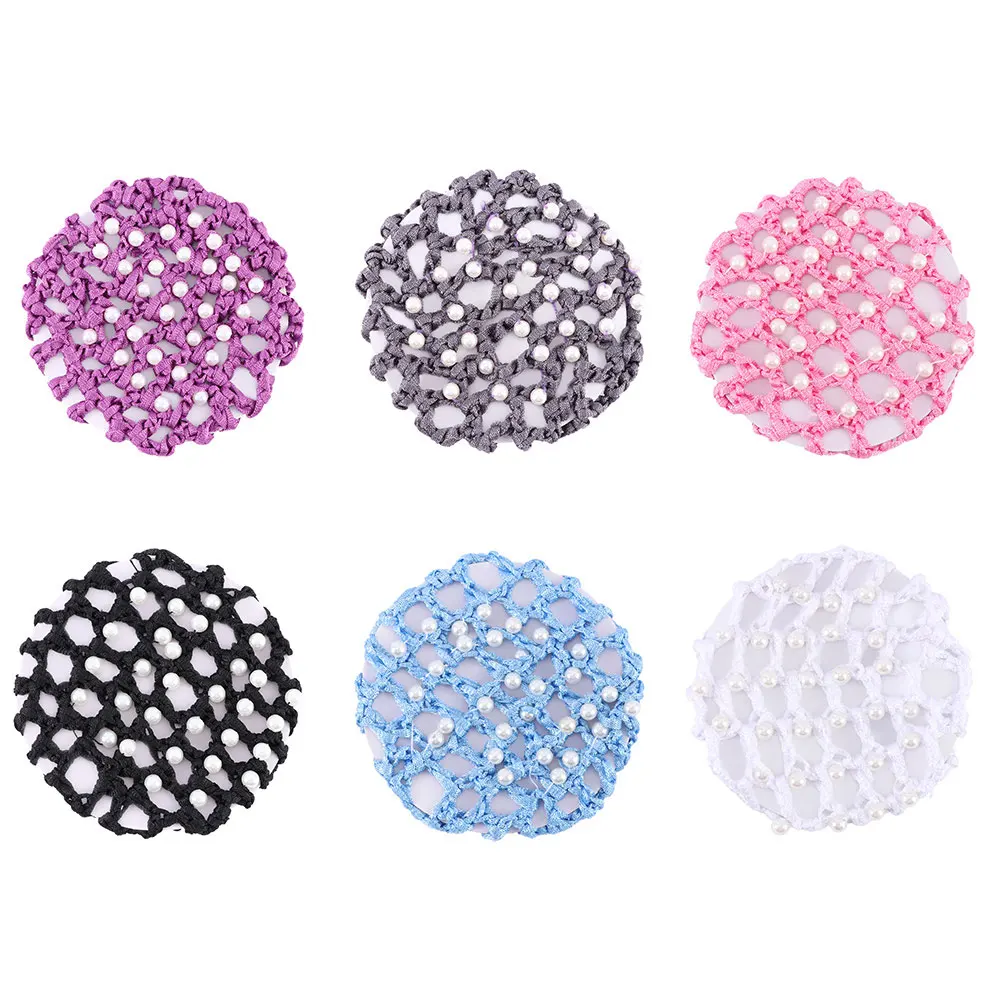 Cubierta de malla de ganchillo para mujer, moño con perla blanca, Red para el pelo de Ballet, baile y patinaje, accesorios para el cabello, 6 colores, 1 unidad