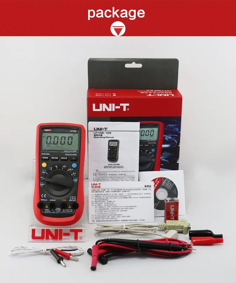UNI-T UT109 портативный, автомобильный многоцелевой измерительный прибор, Автоматический диапазон, мультиметры, USB PC, подключение Dwell Tach, ЖК-подсветка
