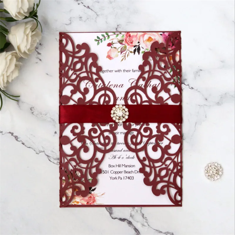 

Burgundy invitation cards birthday party with lace diamond elegant wedding card supply customized printing