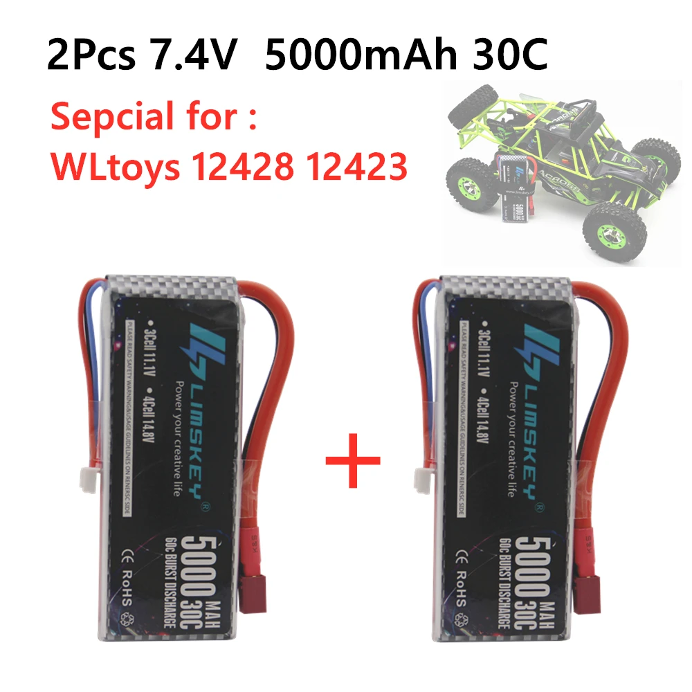 2 шт. Новая версия Rc Lipo батарея 2S 7,4 V 5000mah 30C Max 60C для Wltoys 12428 12423 1:12 RC автозапчасти