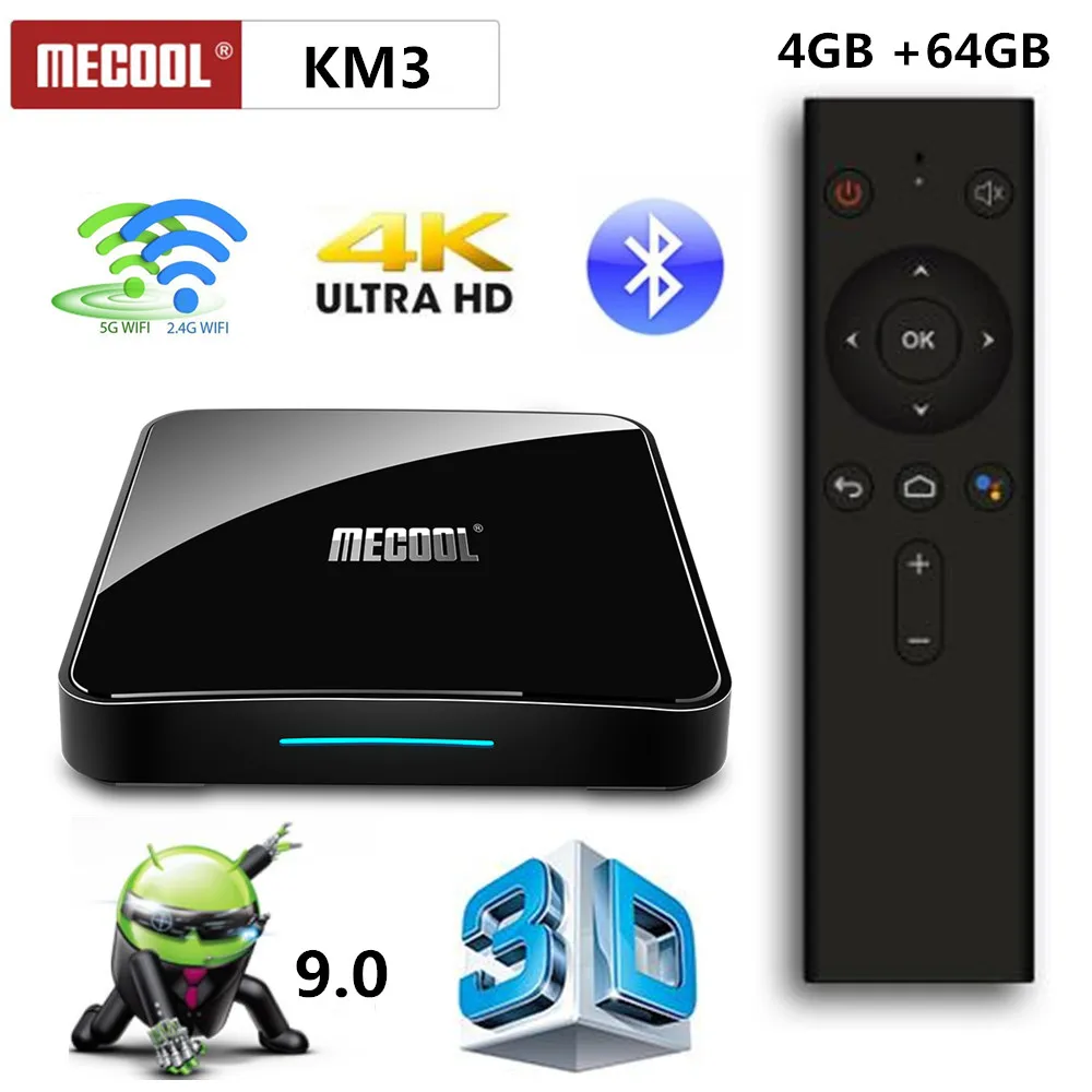 MECOOL KM3 Smart TV Box Android 9.0 Amlogic S905X2 4GB DDR4 64GB ROM Voice Control 2.4G/5G WiFi Bluetooth USB 3.0 4K Set Top Box