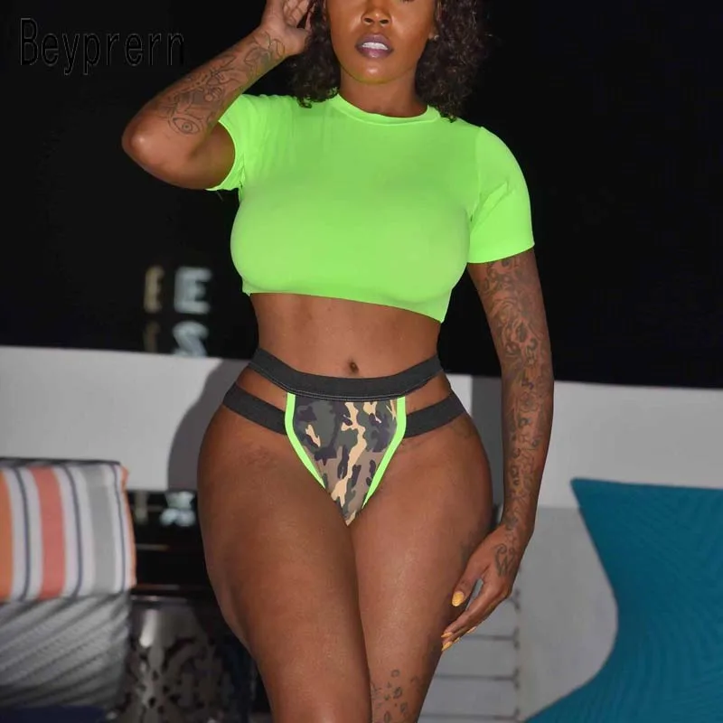 

Beyprern Fashion Neon Green Army Triangle Beach Sets Summer Womens High Waisted Camouflage Beach Suits Two Pieces Wholesale
