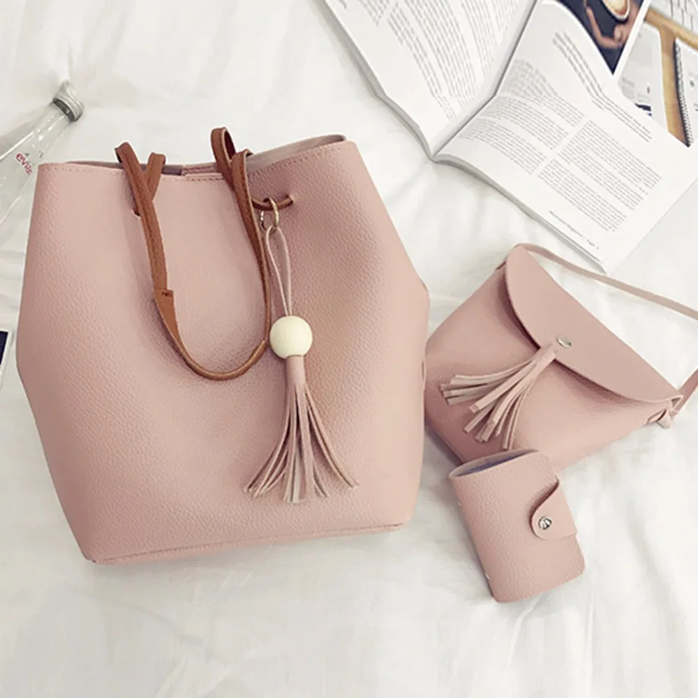 

4pcs/Set Fashion Women Bag Tassel Pure PU Leather Composite Bag Women Clutch Handbag Set Large Shoulder Bag Tote bolsa feminina