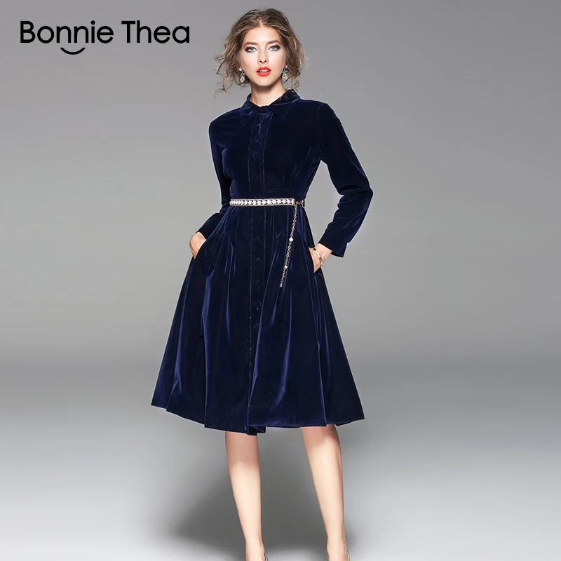 Bonnie Thea, осенне-зимнее женское синее бархатное платье, модное повседневное теплое элегантное платье, женское вечернее платье, vestidos