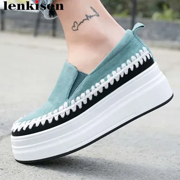 

Lenkisen sheep leather slip on loafers round toe med bottom flat platform sewing British school casual wear vulcanized shoes L24