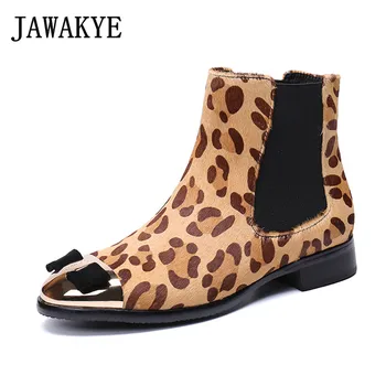 

2018 Leopard horse hair Ankle Boots for women round metal toe bowties short botas mujer flat heel butterfly knot martin shoes