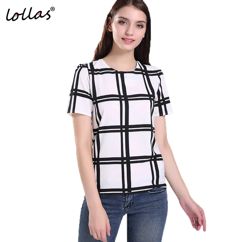 lollas New Plaid Loose Type Chiffon Blouse Short Sleeve O