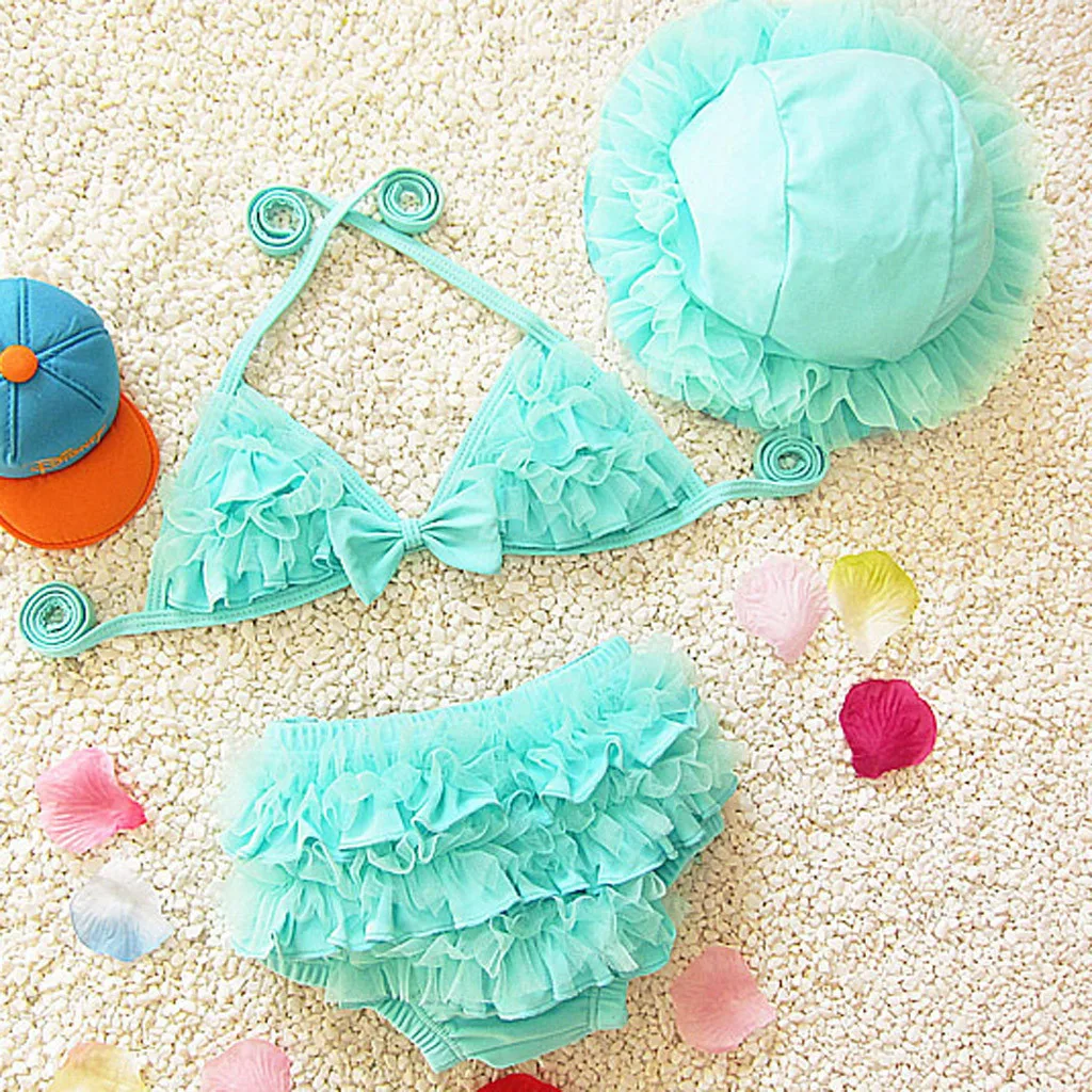

Baby Girls Clothes Sets Cotton Casual Swimwear Summer Bikini Ruffled Swimsuit Tops Trunks Cap Set Swimwear Bathing Princess Suit