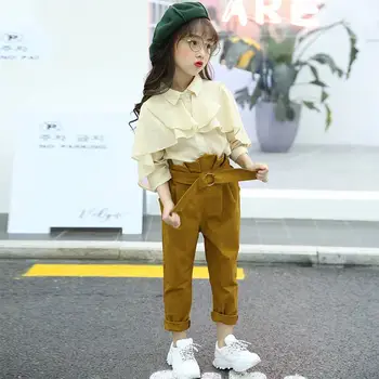 

New Spring Kids Clothes 2Pcs Tracksuits Teenage Girls Solid Ruffles T-shirts+Full-length Pencil Pants Suits Baby Girl Sets T51