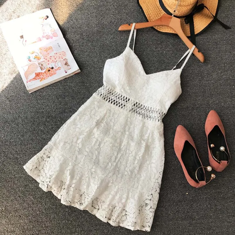 

NiceMix 2019 summer new women dresses beach style v-neck lace hollow out sexy A-line strap short white female dresses top qualit