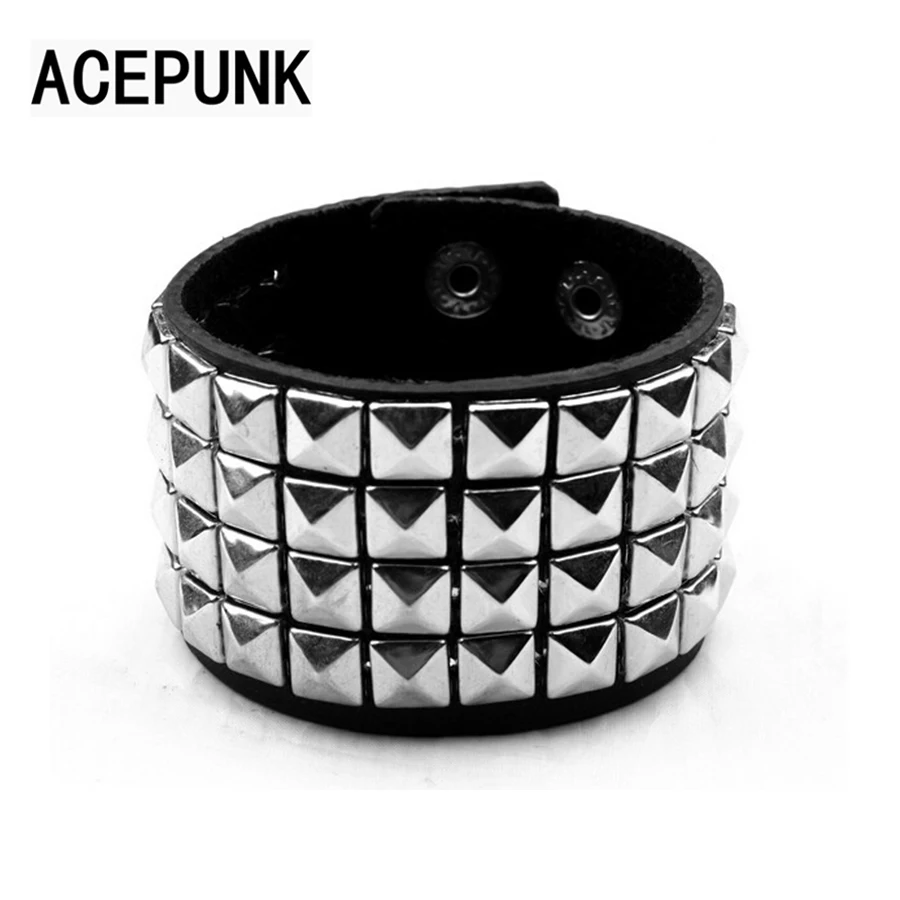 Rivet Wide Bracelet Punk Leather Wristlet Rock 4 Rows Of 9MM Square Nails Wristband Two Buckle Adjustable bracelet jewelry