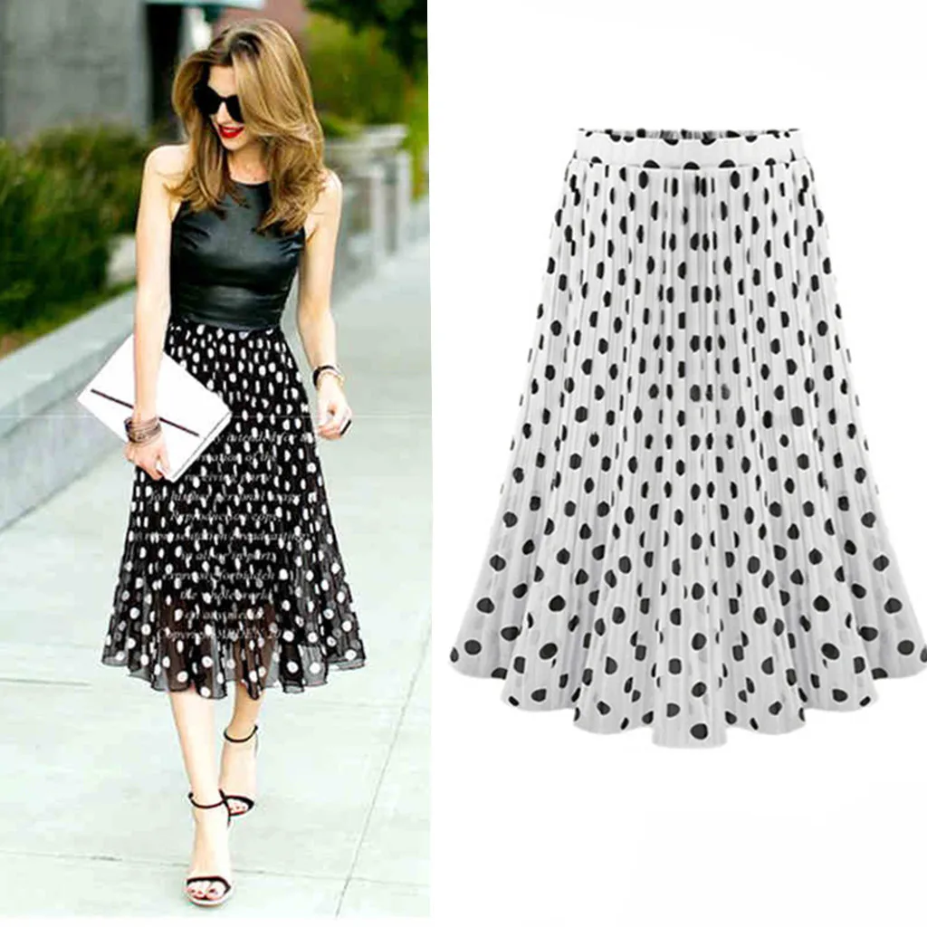 

2019 hot sales Womens Polka Dot Pleated High Waist Midi Skirt Flared Skater Swing Holiday Black,White L-5XL high quality sales