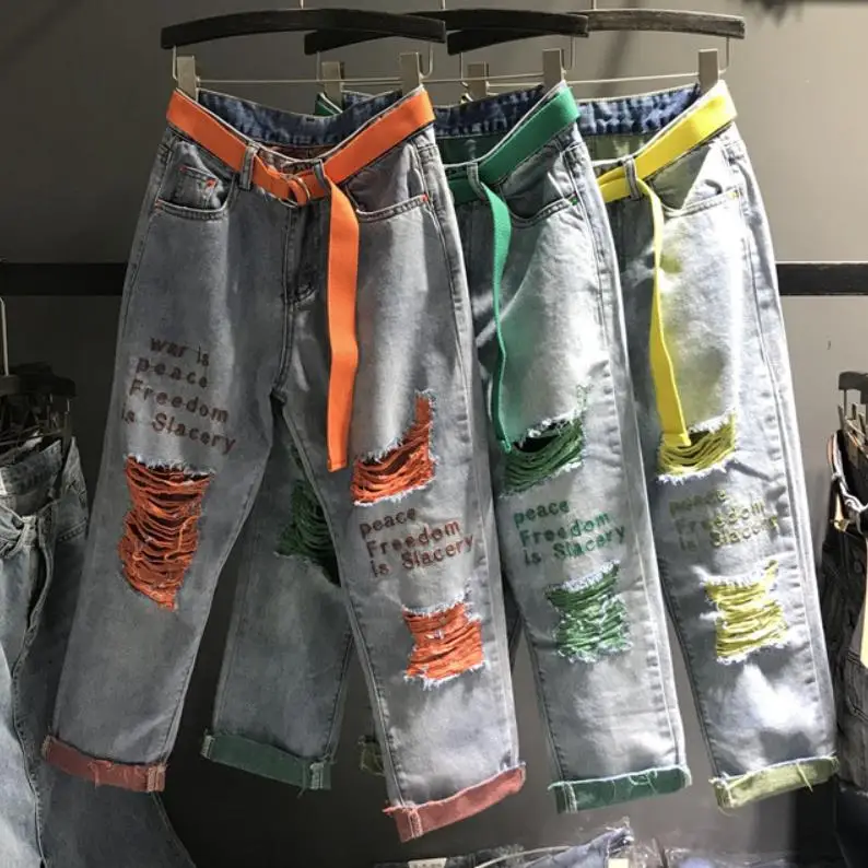 

2019 summer new fashion jeans women hole embroidery letters casual loose harem pants