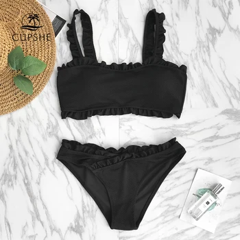 

CUPSHE Black Solid Bikini Set Women Plain Ruffle Crop Top Thong Two Pieces Swimwear 2020 Girl Beach Bathing Suits Swimsuits