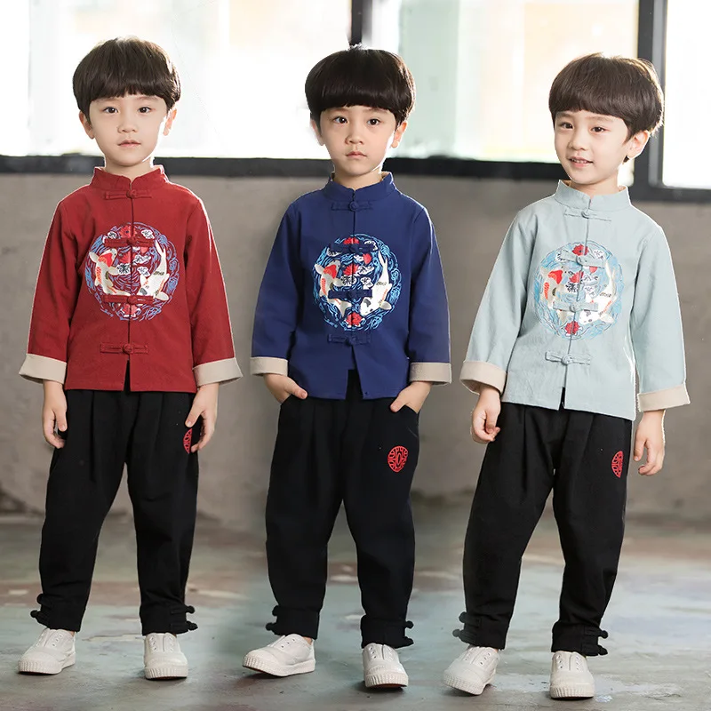 

Fashion Clothes For Boys Baby Hanfu Chinese Kids Retro Tang Suit Suits Shirt+Pants 2pcs Sets Children Taichi Uniform SL1070
