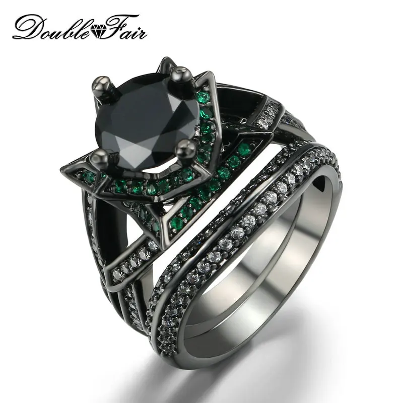 Double Fair Black Nano & Green Cubic Zirconia Rings Sets Black Gold Color Fashion Engagement Party Crystal Women Jewelry DFR697