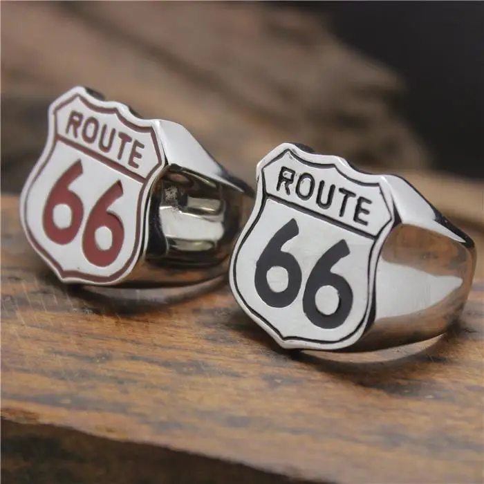 

2015 Cool 316L Stainless Steel Cool Black Red Route 66 American Style Biekr Ring