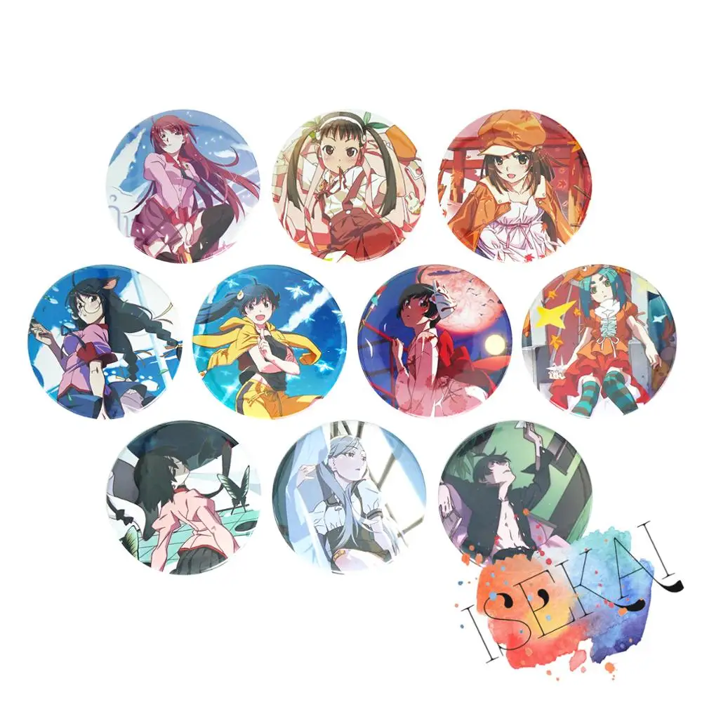 Monogatari серия значок аниме Hitagi Mayoi Nadeko Karen Tsubasa Yotsugi kuroia Sodachi Oshino Ougi металлический