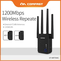 Comfast Mini repetidor para el hogar, extensor inalámbrico de 1200Mbps, 4 antenas de uso de señal a través de la pared, estable, CF WR754AC de 2,4 GHz y 5,8 GHz