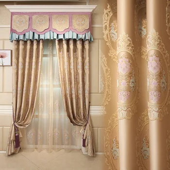 

Custom curtains fabric luxury modern simple European gold embroidered cloth blackout curtain tulle valance drapes N463