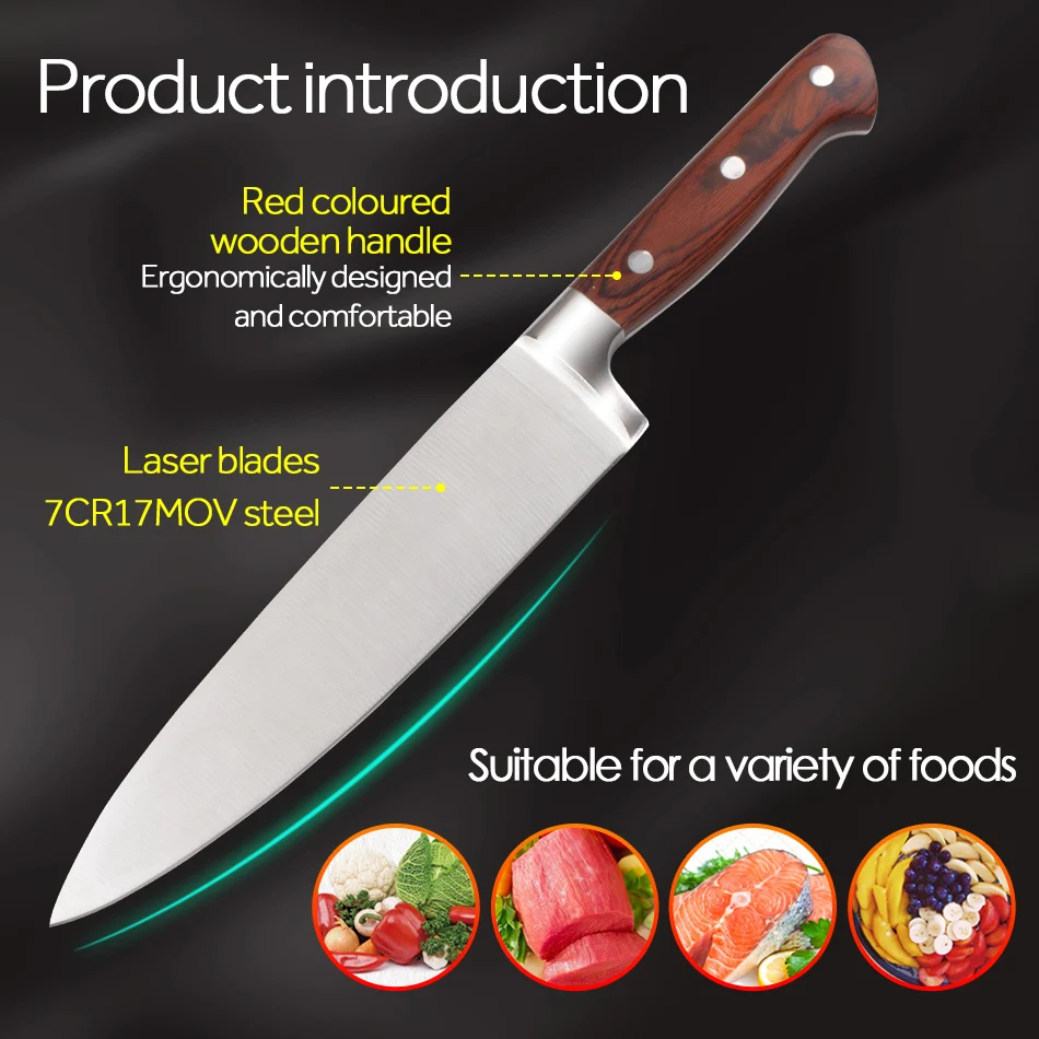 Высококачественные острые 8 дюймов цветные деревянные ручки 7Cr17Mov ножи шеф-повара из нержавеющей стали кухонные ножи инструменты для приготовления пищи подарки нож