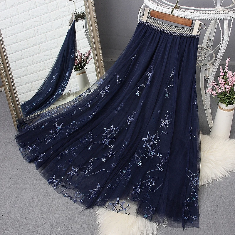 

2019 Spring and Summer New Women's Stars Embroidered Fairy Gauze Skirt Female Students Sequins Long A-line Skirts