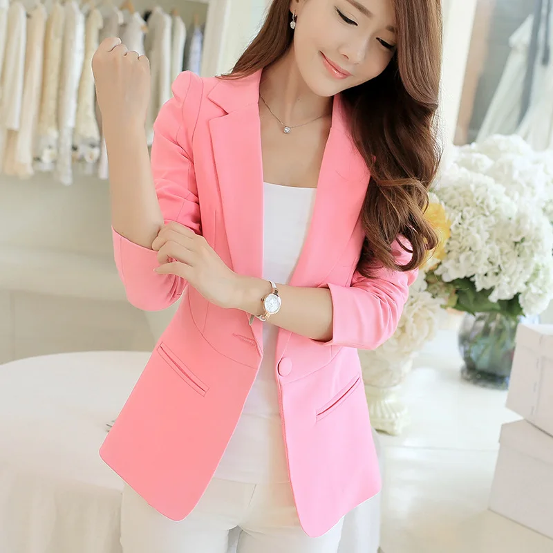 Женский блейзер весна лето тонкий длинный рукав женский костюм куртки карамельного цвета женские пиджаки Белый Черный блейзер - Цвет: Pink Blazers