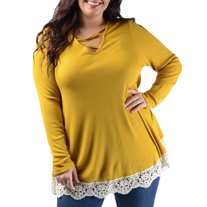 Autumn Womens Tops And Blouses XL XXL XXXL Green Yellow Crisscross