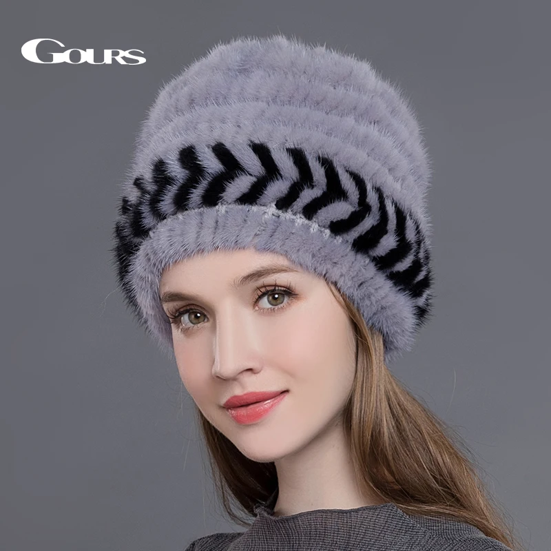 

Gours Fur Hats for Women High Quality Natural Mink Fur Caps Thick Warm In Winter Fashion Arrow Knitted Beanies New Arrival