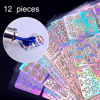 

12 Sheets/Lot Hollow Irregular Stencils Stamp Nail Vinyls Laser Silver Nail Art Stickers 36 Different Styles DIY Manicure Tools
