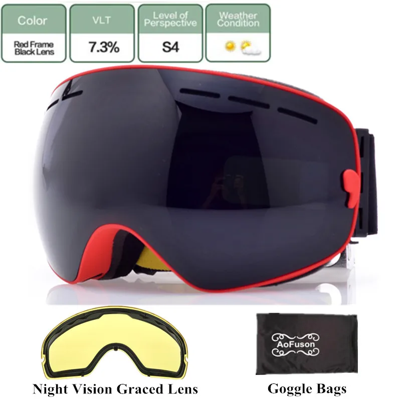 Брендовые лыжные очки для сноуборда с желтыми линзами ночного видения двухслойные противотуманные сферические маски большого видения зимние лыжные очки - Цвет: Red lens Black frame