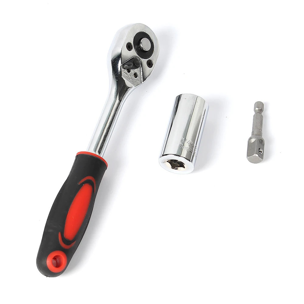 

7-19mm Universal Socket Wrench with Adapter+1PC 1/4"&3/8" Drive 72 Teeth Quick Release Reversible Ratchet Wrench