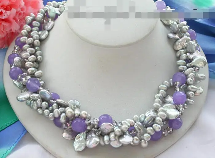

song voge gem nanJ1354 4row gray rice coin pearl violet jade faceted crystal NECKLACE