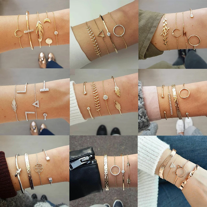 

IPARAM Bohemian Vintage Gold Silver Women's Bracelet Set Fashion Feather Circle Crystal Personality Bracelet 2019 New