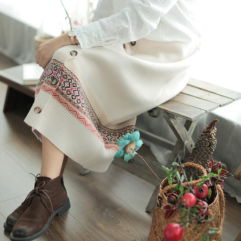 

National style patchwork Single-breasted High quality knitting skirt lady saia